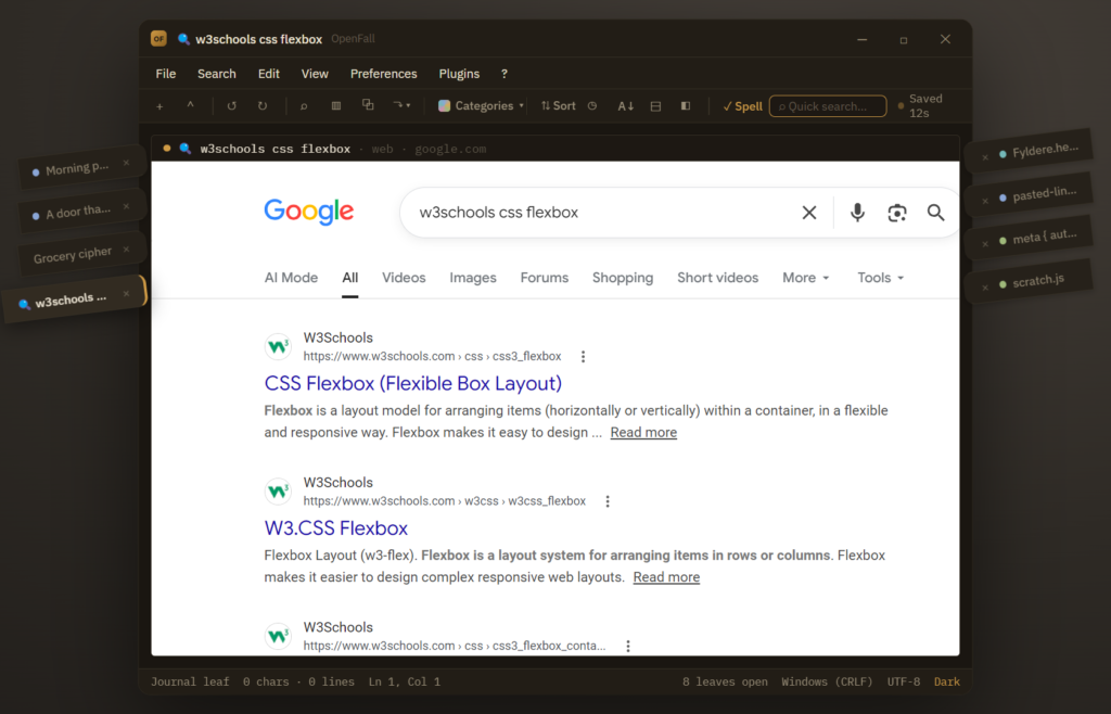 OpenFall sandboxed web search result living beside notes