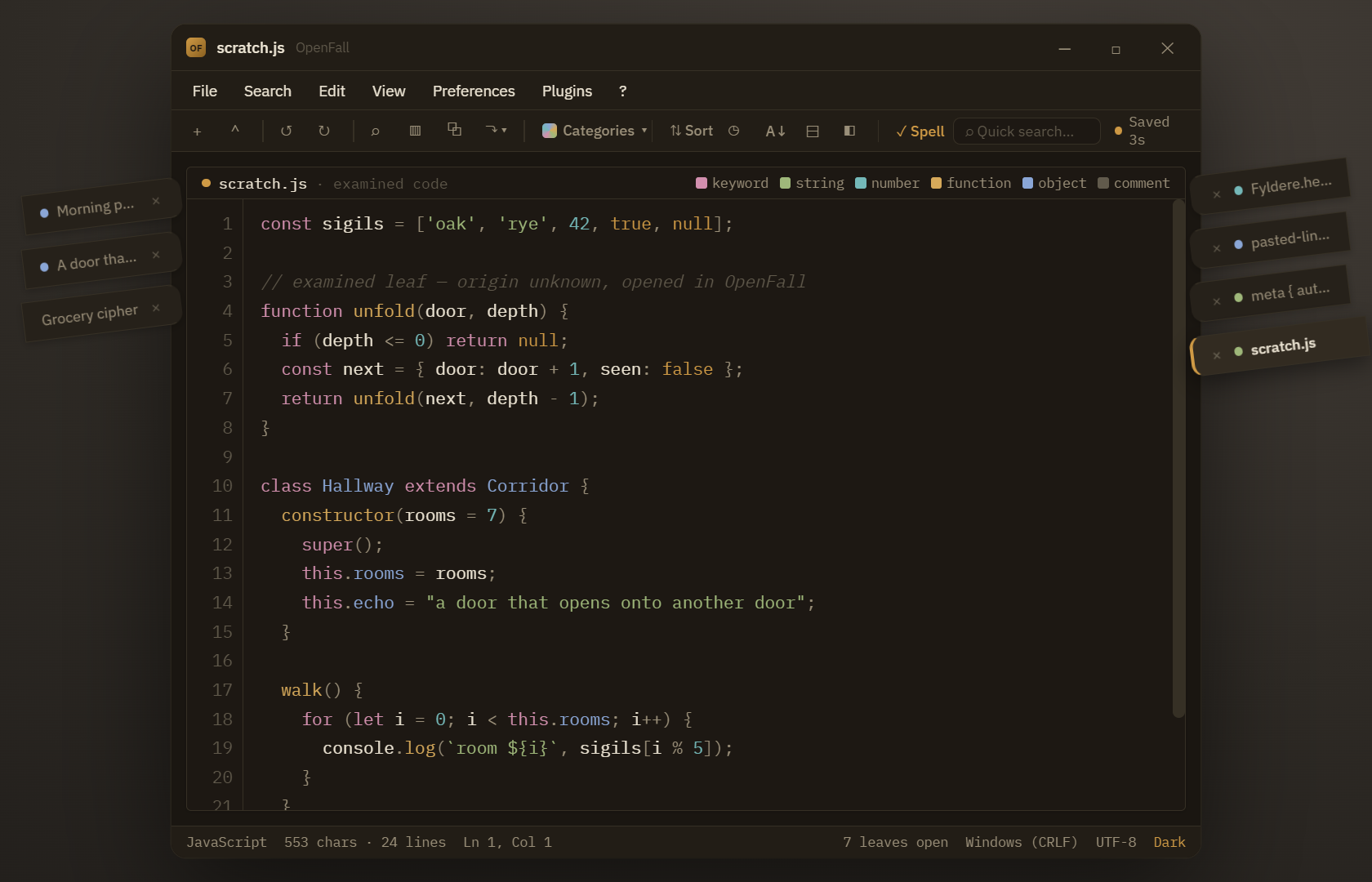 OpenFall syntax-highlighted code view with a color legend