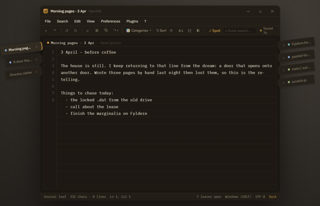 OpenFall autosaving journal with leaf ribbons overhanging both window edges