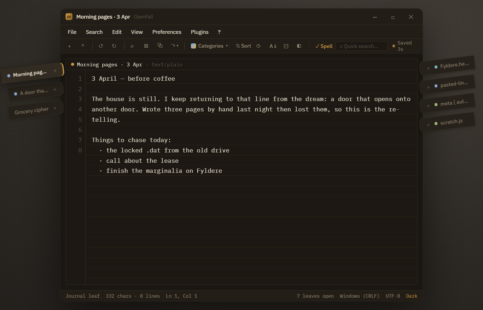 OpenFall autosaving journal with leaf ribbons overhanging both window edges