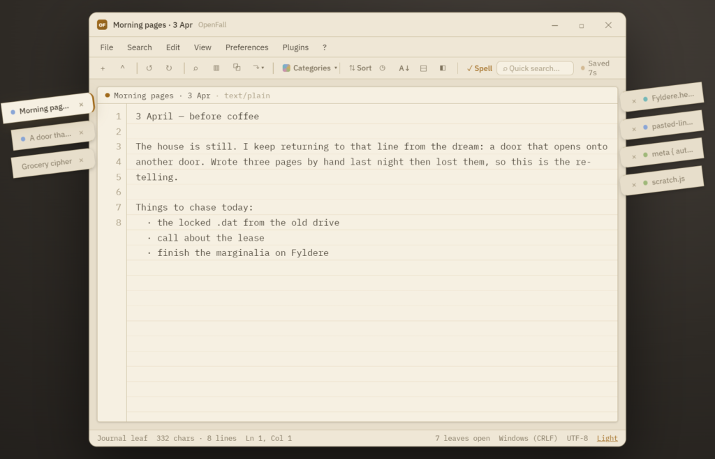 OpenFall in light theme, dark by default light on demand