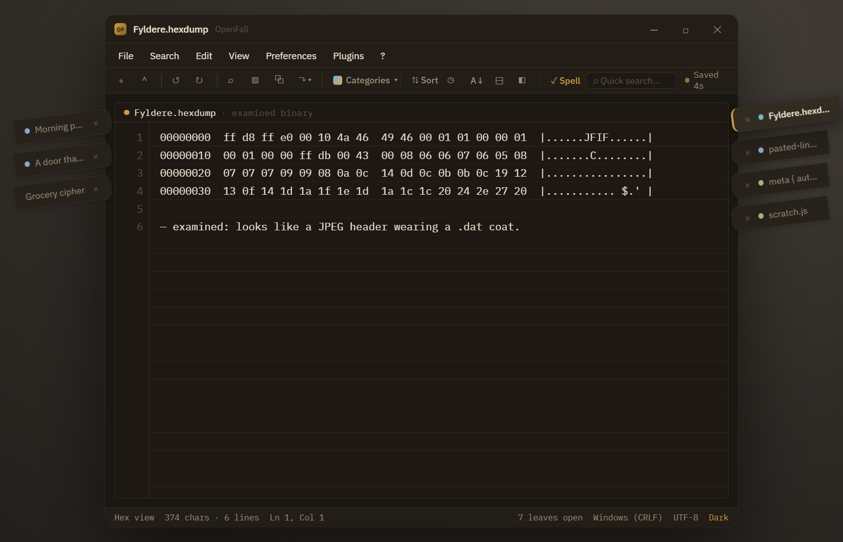 OpenFall hex view of a binary renamed by hand