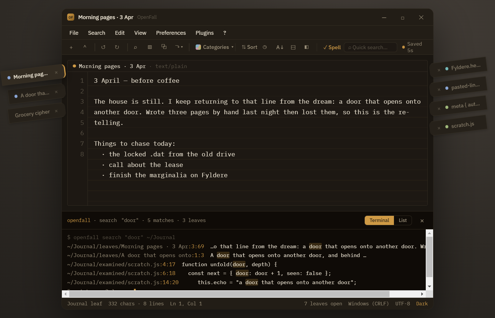 OpenFall search results as a console of path, line and column hits