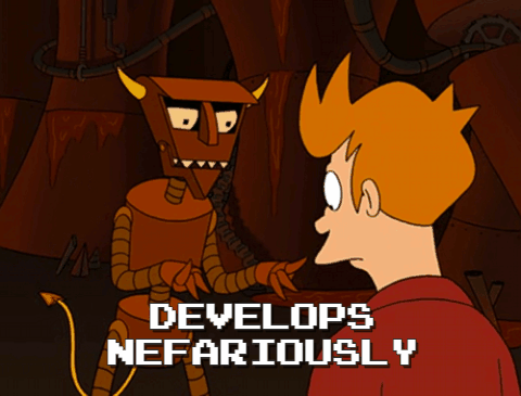 The Robot Devil waggles his fingers at Fry, captioned Develops Nefariously